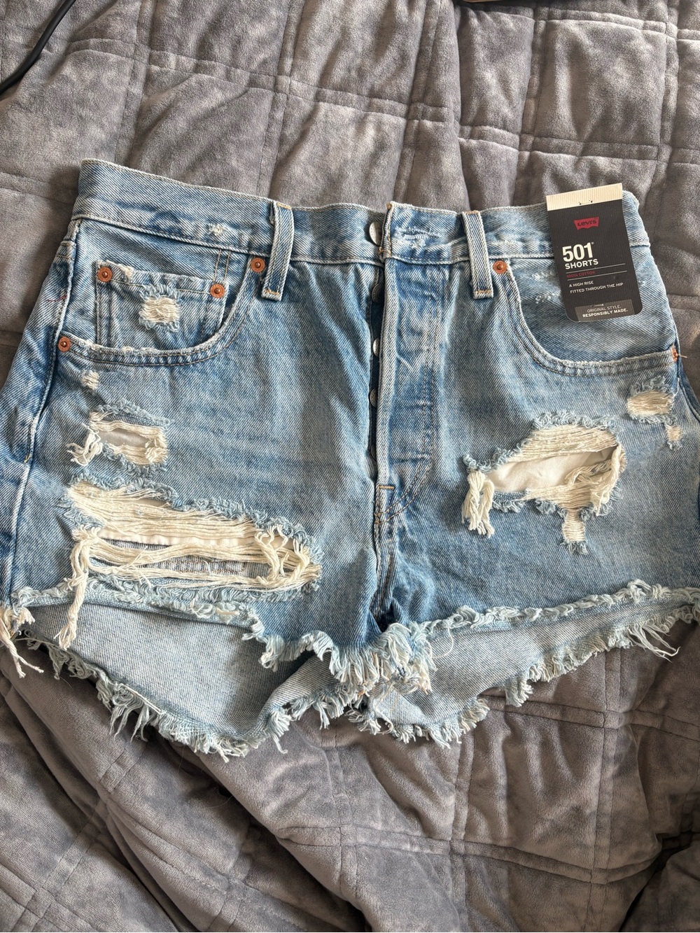 Levi's Light Blue Distressed High-Rise Denim Shorts